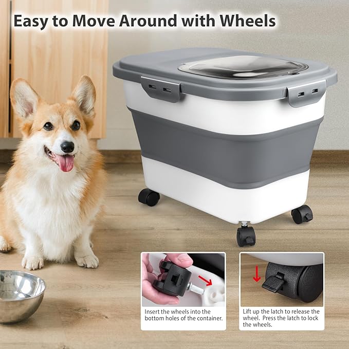 Dog Food Storage Container, 10-20Lbs Collapsible Pet Food Storage Containers with Rolling Wheel Airtight Locking Lid, Dry Food Storage Bin with Cup and Scoop,Suitable for Pet Food, Rice, Flour