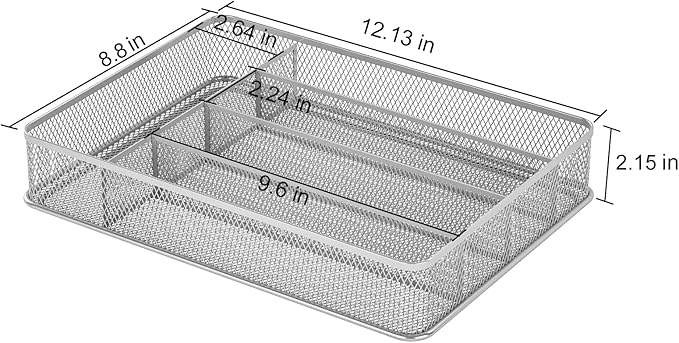 TQVAI Silverware Organizer - 5 Slots Non-Slip Mesh Kitchen Drawer Organizer - Metal Compact Utensil Cutlery Holder in Drawer Tray, Silver