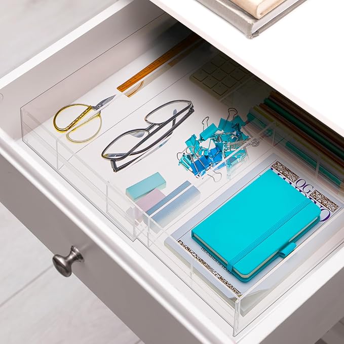 2 Pcs Acrylic Drawer Organizer 9'' up to 18'' x 15'' x 2'' Expandable Drawer Organizer Pens Notebook Ruler Makeup Tray with 7 Adjustable Compartments for Desk Office Kitchen Bathroom(Clear)
