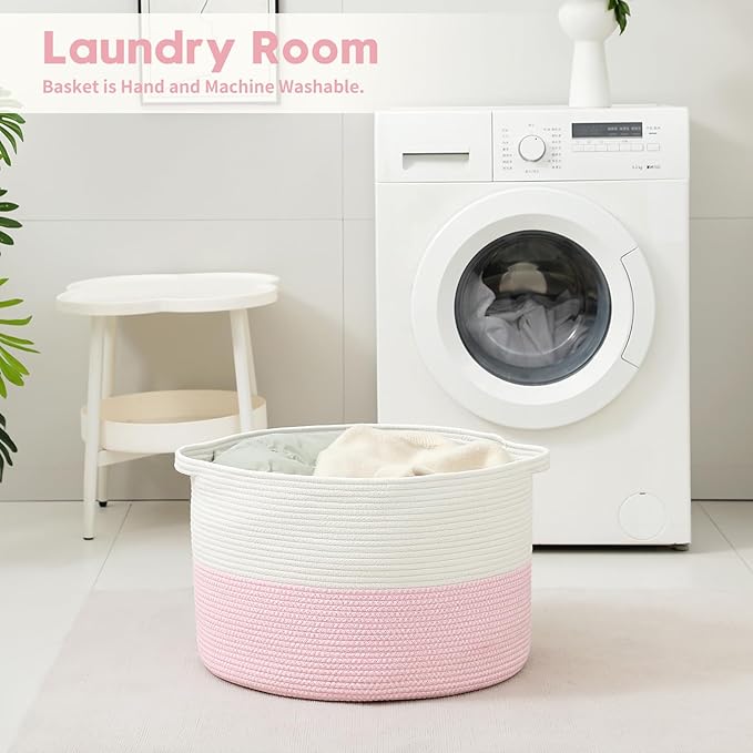 Foldable Laundry Hamper Basket with Collapsible Handle Cotton Rope Soft Woven Fabric Storage Organizer Clothes Toys Nursery Bedroom Dorm Space Saving Bin (White & Pink, 65L(19.7"D x 12.6"H))