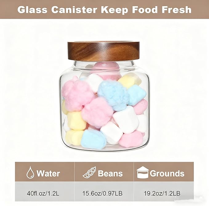 Patoper Glass Coffee Jars Spice Jar Round Storage Canister with Wooden Lid Clear Glass Food Jar for Pantry Sugar Tea Coffee Bean Spice Nuts Cookies Bath Salts (1200ml/40oz-1 Pack)