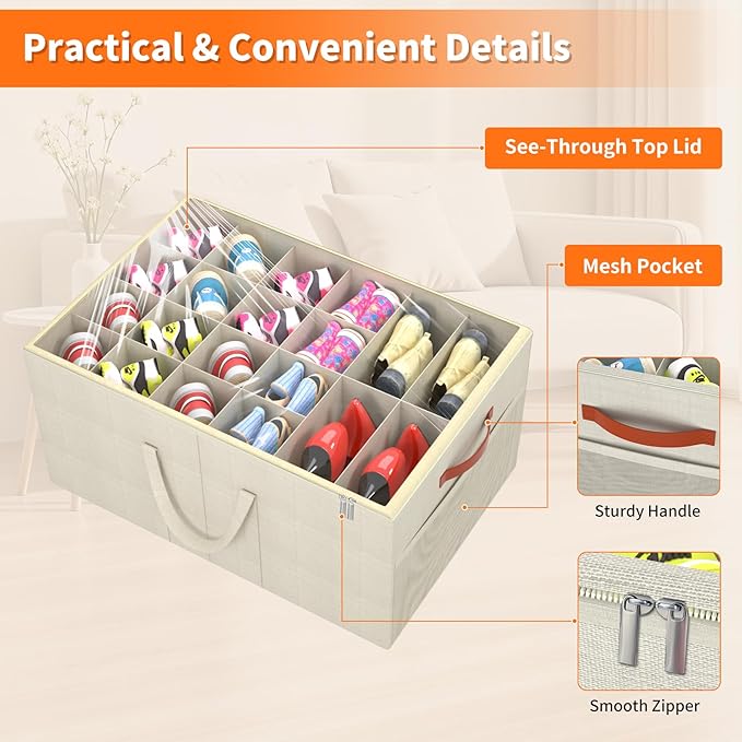 Aokeyee 2 Pack Shoe Organizer for Closet, Large Shoe Storage Box Fits up to 48 Pairs, Space Saving Foldable Shoes Organizer Bin w/Clear Cover and 4 Reinforced Handles, Beige