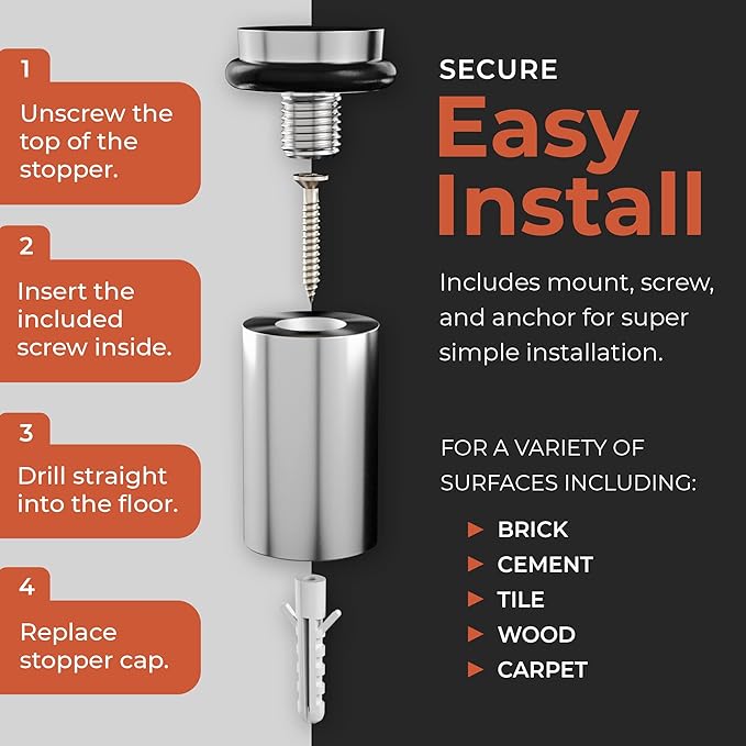 NYCO - Floor Door Stopper Chrome Door Stop - Classy Solid Steel Modern Heavy Duty Door Stoppers - Floor Mount Anchor Screw - Wall Protector for Commercial Door (2 Inch Satin Chrome Finish)