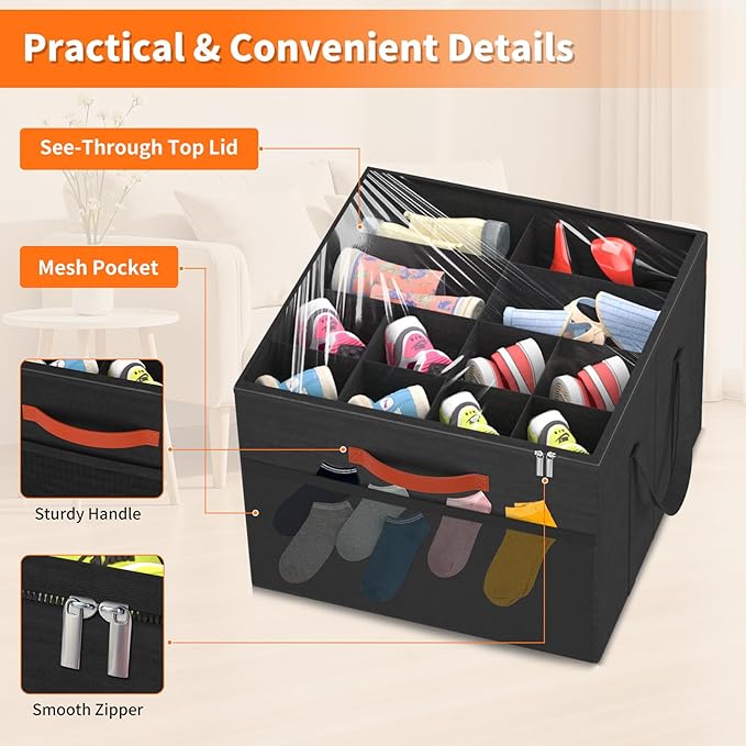 Aokeyee 2 Pack Shoe Organizer for Closet, Foldable Shoe Storage Organizer Box w/Clear Cover and 4 Reinforced Handles, Space Saving Shoes Bin Fits up to 32 Pairs, Black