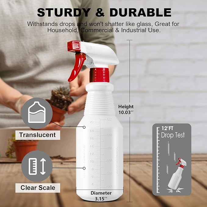 Plastic Spray Bottles 4 Pack, 24 Oz, Mist & Stream, Heavy Duty HDPE Sprayer Bottle, Leak Proof Empty Spraying Water Bottle for Cleaning Solutions, Planting, Car Detail, Pet Training with Measurement