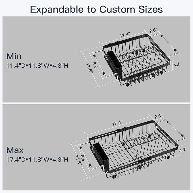 Small Expandable Over The Sink Dish Drainer Drying Rack In Stainless Steel Metal For Kitchen, Counter Space Saving Compact Above Plate Dryer Strainer, Adjustable Hanging Inside Sink Wire Drain Holder