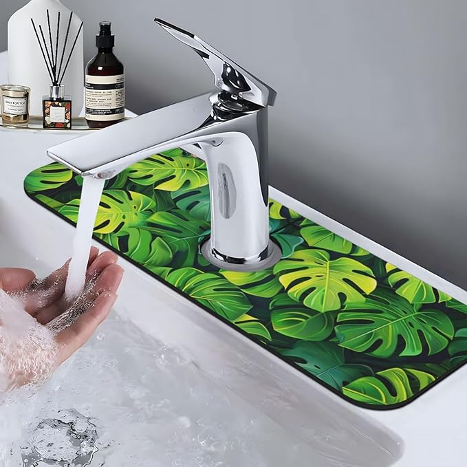 Faucet Draining Mat For Kitchen Sink, Palm Leaves Tropical Diatom Mud Absorbent Drain Pad For Bathroom Kitchen Sink Splash Guard Drying Mat