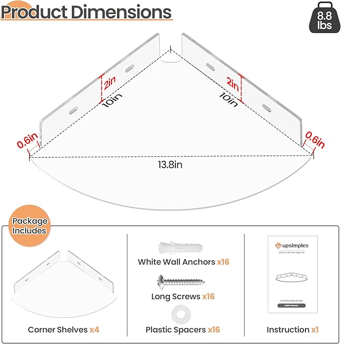upsimples 4 Pack Acrylic Corner Floating Shelves, 10 in Clear Hanging Shelves with Cable Management Design, Wall Mounted Corner Storage Organizer for Bathroom, Bedroom, Living Room, Kitchen