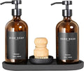 Set of 5 Kitchen Soap Dispenser Set 16 Oz Glass Hand Dish Soap Dispenser with Stainless Steel Pump, Cement Tray, Dish Scrub Brush for Farmhouse Rustic Home Bathroom Decor (Brown)
