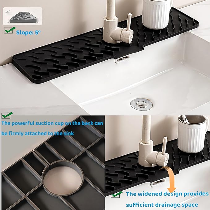 Silicone faucet splash-proof pad, multifunctional water-saving splash-proof cushion, universal faucet cover, suitable for kitchen and bathroom sink faucet (black, 24*5.5)