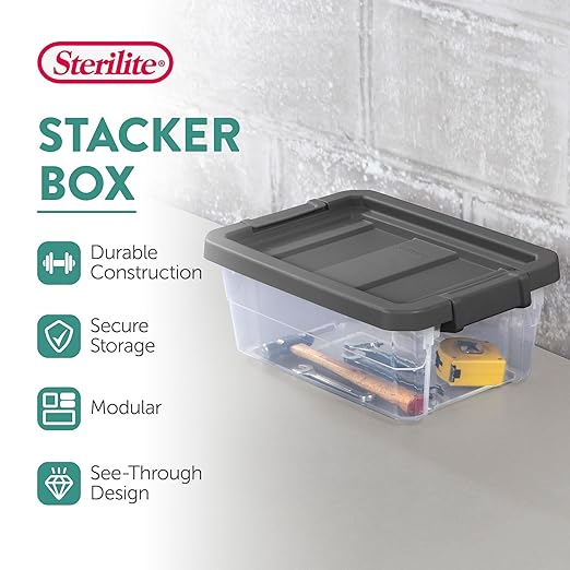 Sterilite 24-Pack Modular Stacker Box, Durable Clear Plastic Storage Bins with Latching Lids, 16 Quart - Stackable Organizing Container Boxes for Closet, Bathroom, and Office