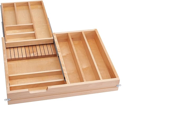 Rev-A-Shelf Two-Tier Kitchen Utensil Drawer Organizer & Pullout Cutlery Tray, Soft-Close Slides, 27" Cabinet Opening, Wood, 4WTCD-30HSC-1