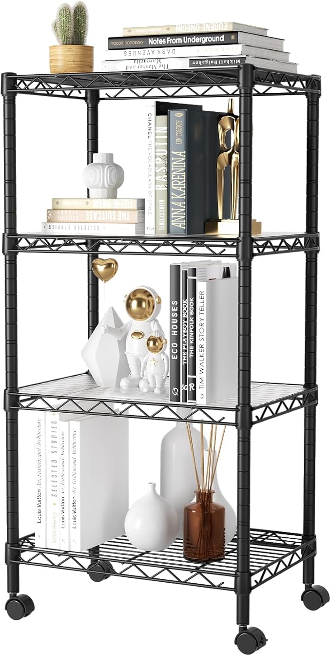 SINGAYE 4 Small Shelves Storage Shelf Wire Shelving Unit Metal Shelf Adjustable Organizers Storage Shelving with Wheels for Bathroom Laundry Room Kitchen Pantry11.5”D x 17.5”W x 30.5”H Black