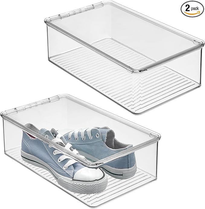 iDesign Stackable Plastic Shoe Box with Hinged-Lid for Sneakers, Sandals, and Flats, Set of 2, Clear