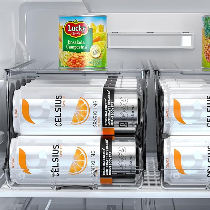 4 Pack Skinny Can Organizer for Refrigerator, Stackable Tall Skinny Soda Pop Can Holder Dispenser with Lid for Fridge Pantry Rack Freezer, Clear Plastic Storage Bins-Holds 12 Slim Cans Each