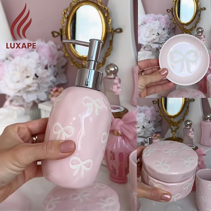 Bow Bathroom Set, 4 Pcs Ceramic Bathroom Accessory Sets - Soap Dispenser, Tumbler Toothbrush Holder, Vanity Soap Tray, Cotton Swab Jars - Pink Bathroom Decor Gift for Her (Pink)