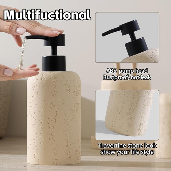 Bathroom Accessories Set, Travertine Stone-Look, 5 PCS Bathroom Accessory Set with 13.53 OZ Soap Dispenser, Toothbrush Holder, Tumbler, Vanity Tray, Cotton Swab Jars for Countertop (Yellow)