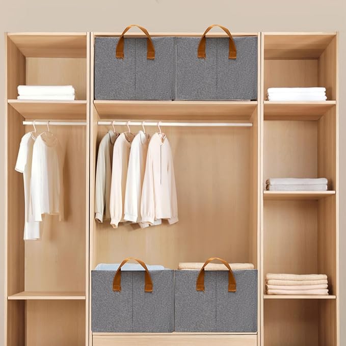 SNWDN 6 Pack Closet Cloth Storage Bins for Shelves, Medium Storage Baskets for Shelves, Fabric Bins for Closet organization with Handles（ Gray 15''L x 10''W x 8''H）