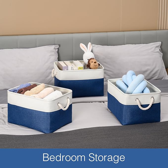 DUHEL Storage Bins 3 Pack, Fabric Storage Basket for Collapsible Medium Canvas Storage Baskets for Organizing Shelf Nursery Home Closet . (White&Blue-3PCS)