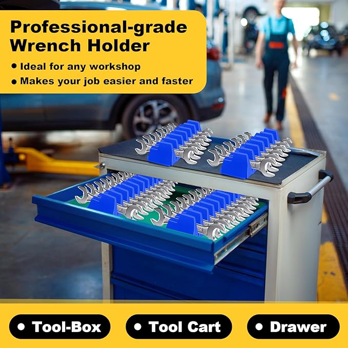 Chunful 100 pcs Modular Wrench Organizer Holder Wrench Tool Organizers Storage Racks Set with Metric & SAE Label for Tool Box Drawer Storage for Father Brother Professional Mechanics Men(Blue)