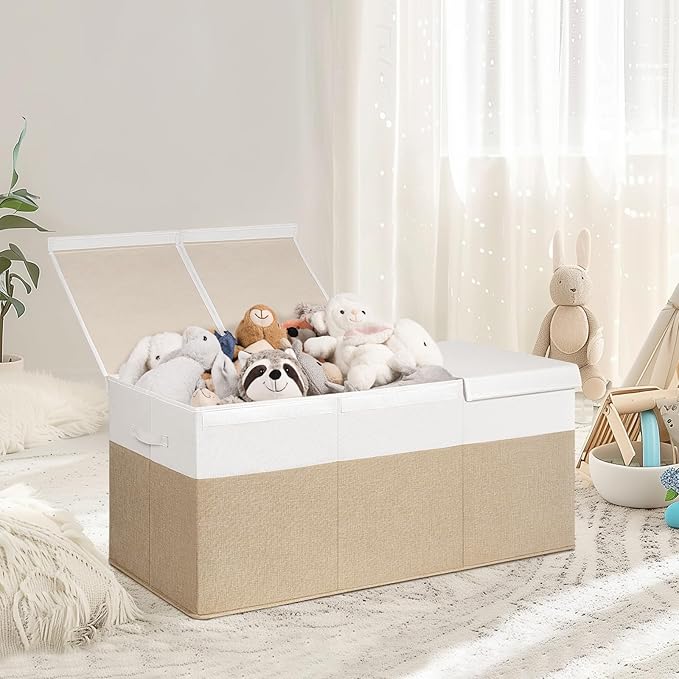 INDRESSME 185L Extra Large Toy Box, Toy Storage Organizer Collapsible Storage Bins with Lids Toy Chest for Playroom, Living Room, Toy Baskets Storage Kids, Boys Girls 39" x 17" x 17" (Beige & White)