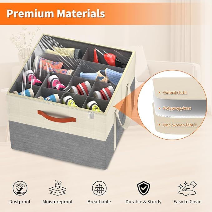 Aokeyee 2 Pack Shoe Organizer for Closet, Foldable Shoe Storage Organizer Box w/Clear Cover and Reinforced Handles, Space Saving Shoes Bin Fits up to 32 Pairs, Beige and Grey