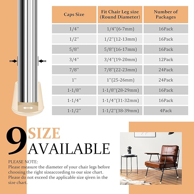 1/2" Round Rubber Chair Leg Tips Caps, Chair Leg Floor Protectors, Non-Slip Chair Leg Caps, Stool Leg Protectors Cap, Folding Metal Chair Leg Tip Replacement (White, 16 Pack)