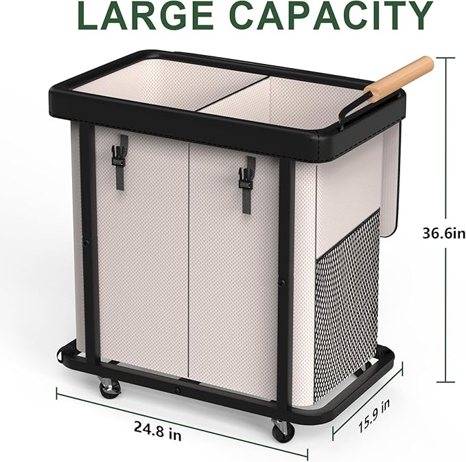 190L (50 Gal) Extra Large Fashion Laundry Hamper 2 Section with Lid, Rolling Laundry Basket Hamper with Handle, Laundry Organizer Storage Cart with Sturdy Metal Frame for Laundry Room, Hotel,White