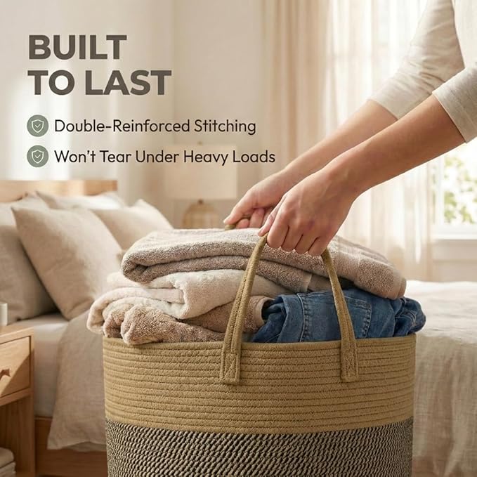 115L Extra Large Blanket Basket for Living Room - Woven Cotton Rope Laundry Hamper with Reinforced Handles - Storage Bin for Pillows, Comforters & Toys - Machine Washable,Jute&Black
