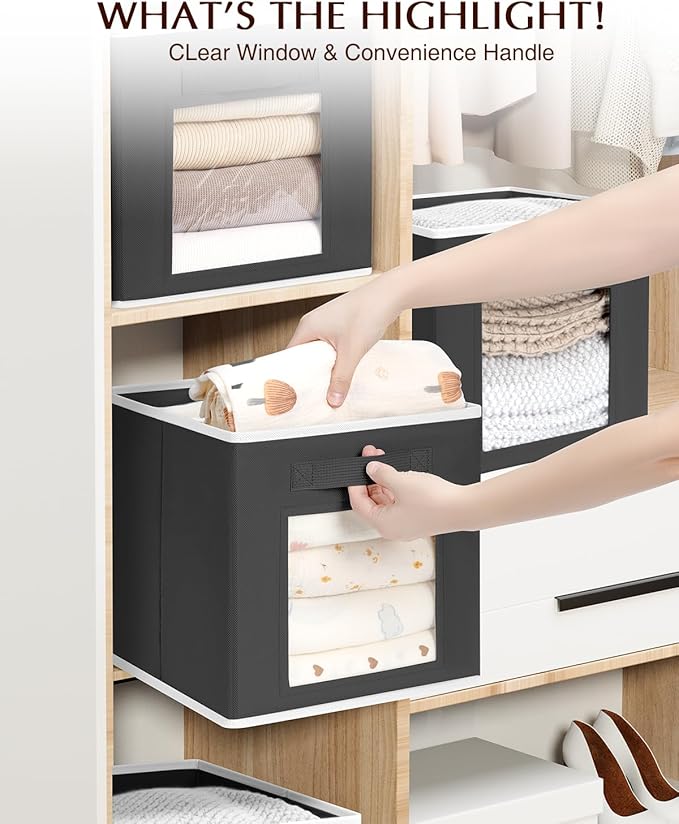 Foldable Storage Cubes - Cubby Storage Organizer with Window, Decorative Baskets for Organizing, 11 Inch Fabric Cube Shelf Bins, Set of 10, Black