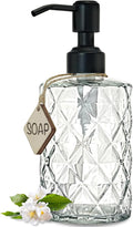 JASAI Diamond Design 12 Oz Glass Soap Dispenser with Black Pump, Small Hand soap Dispenser with Rust Proof Pump, Bathroom Soap Dispenser for Hand Soap, Soap, Lotion(Black).