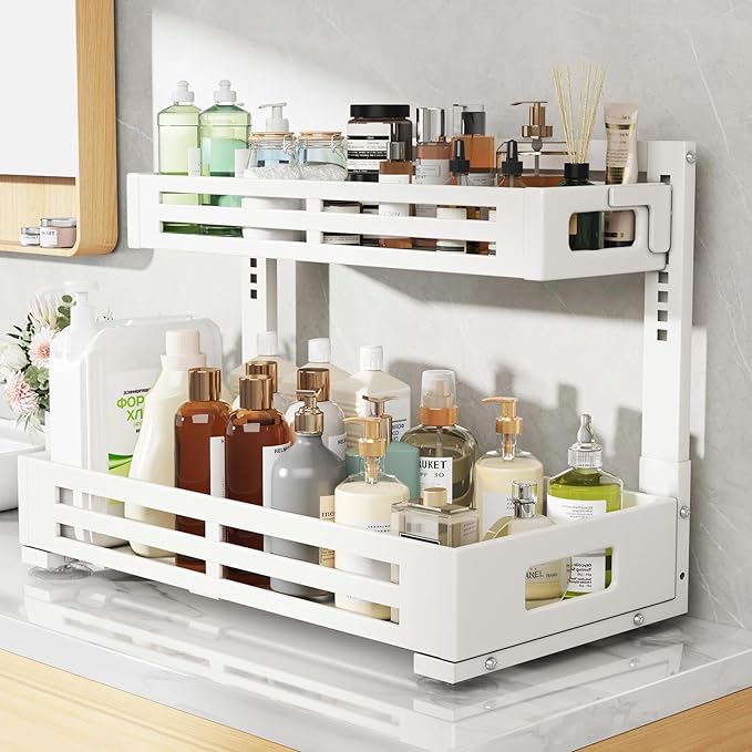2 Pack 21IN-Depth Under Sink Organizer,Pull Out Cabinet Organizer With Smooth Cylindrical Rail,Metal Slide Out Drawer for Kitchen Bathroom Laundry,8-Level Tool Free Height Adjustable-White
