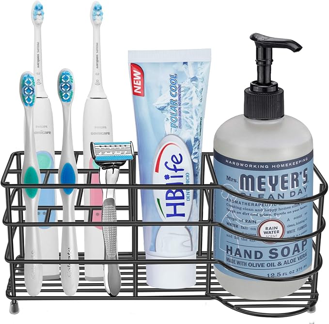 HBlife 7 Slots Toothbrush Holder, X-Large Stainless Steel Bathroom Decor, Black Electric Toothbrush Holder for Bathroom, Bathroom Counter Organizer for Small Spaces