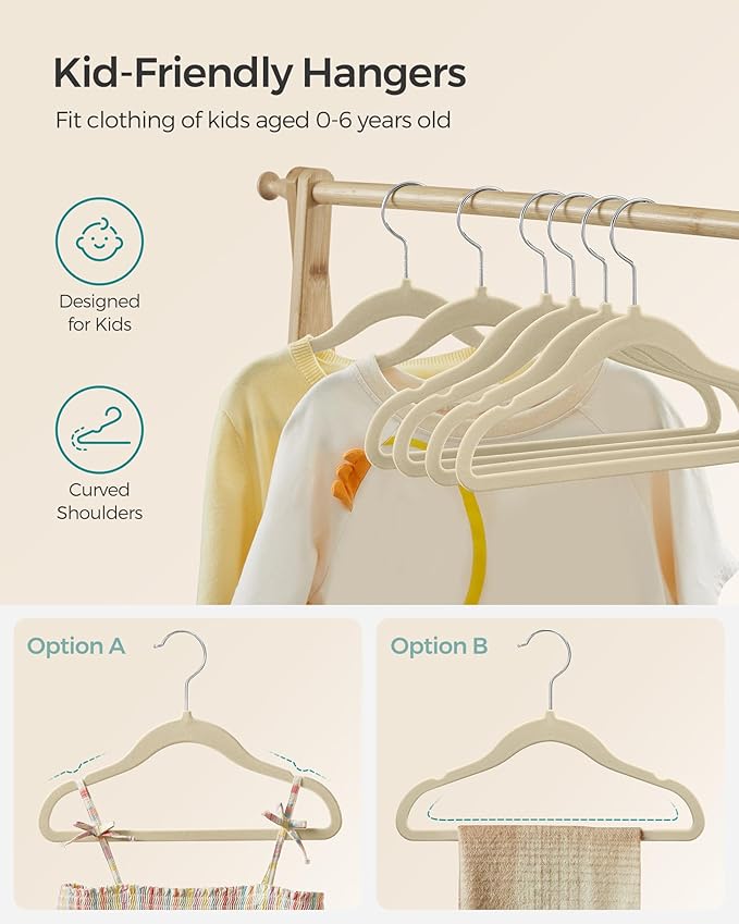 SONGMICS Baby Kids Hangers 50 Pack for Closet, 11.8 x 8.1 Inches, Silver 360° Swivel Hooks, Space-Saving Clothes Velvet Hangers for Nursery, Non-Slip, Summer Sand UCRF027K05