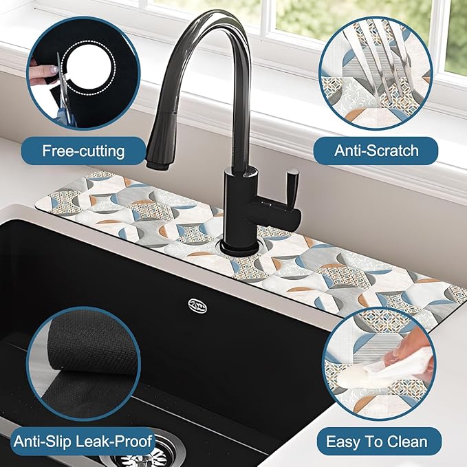 Ceramic Wall Tiles Kitchen Sink Splash Guard Faucet Mat Moroccan Graphics Super Absorbent Fast Drying Mat Sink Splash Guard Behind Faucet for Kitchen Bathroom, 23.5"x5.5"