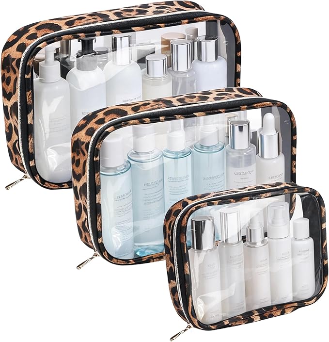 Clear TSA Approved Toiletry Bag - 3 Pack Travel Cosmetic Bag with Makeup Brush Portable Travel Essential Organizer for Women Transparent Waterproof Cosmetic Storage Case Carry-on Airline Compliant
