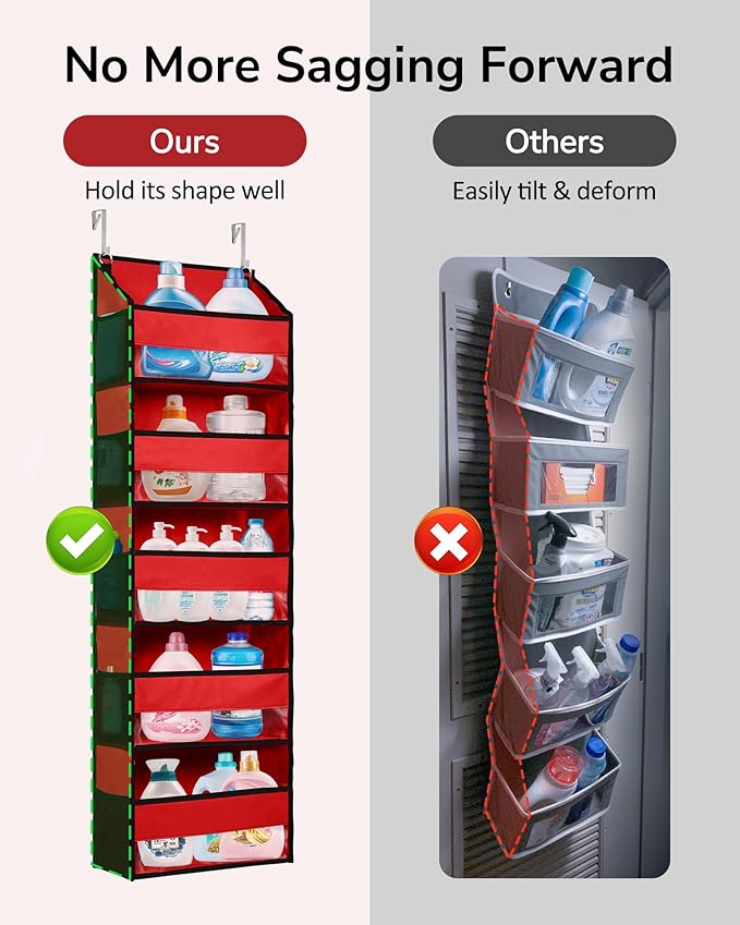 ULG 1 Pack Over The Door Organizer – 5 Shelf Door Organizer Hanging & 10 Side Pockets, Reinforced 44LB Capacity Hanging Organizer, Behind The Door Storage for Bedroom, Nursery, Christmas (Red)