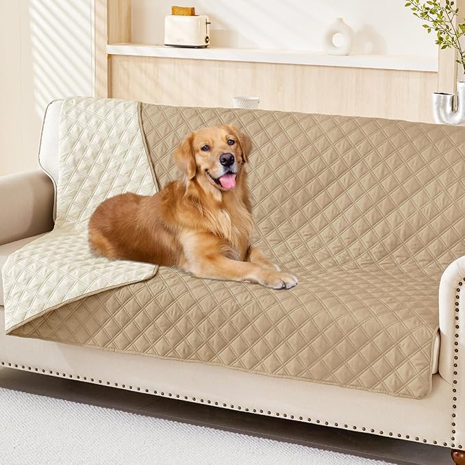 Smiry Waterproof Dog Bed Cover Pet Blanket, Soft Washable Dog Blanket for Furniture Bed Couch Sofa Reversible, Checkered (68"x82", Camel/Beige)