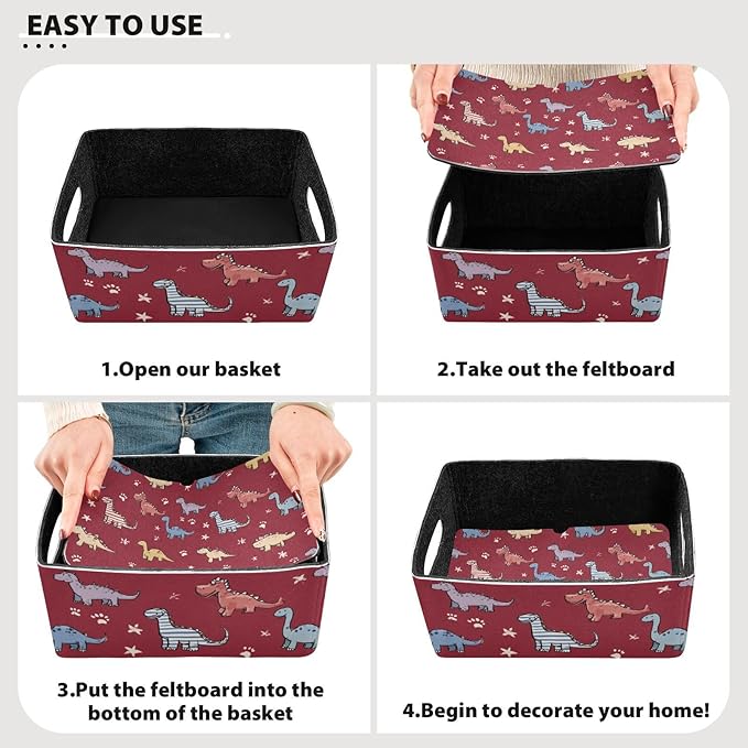Closet Storage Bins 2 Pcs Felt Open Home Storage Containers Organizer with Handles Collapsible Shelf Basket for Home Office Craft Room Classroom Fabric Red Dinosaur Stars Paw Prints