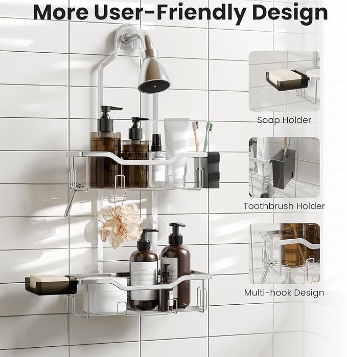 Hanging Shower Caddy Over Head,2 Tier Rustproof Shower Organizer for Tall Showerhead,No Drill Bath Caddy Hanging with Soap Dish and Toothbrush Holder for Razor and Sponge,Silver
