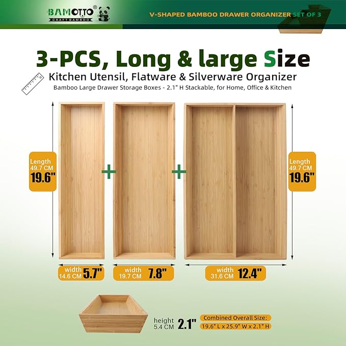 V-Shaped 3-Pack 19.6" Long Bamboo Drawer Organizer Box - Easy Reach Cutlery Tray for Flatware Silverware Utensil, Kitchen & Home Use (19.6"x5.7"/19.6"x7.8"/19.6"x12.4")