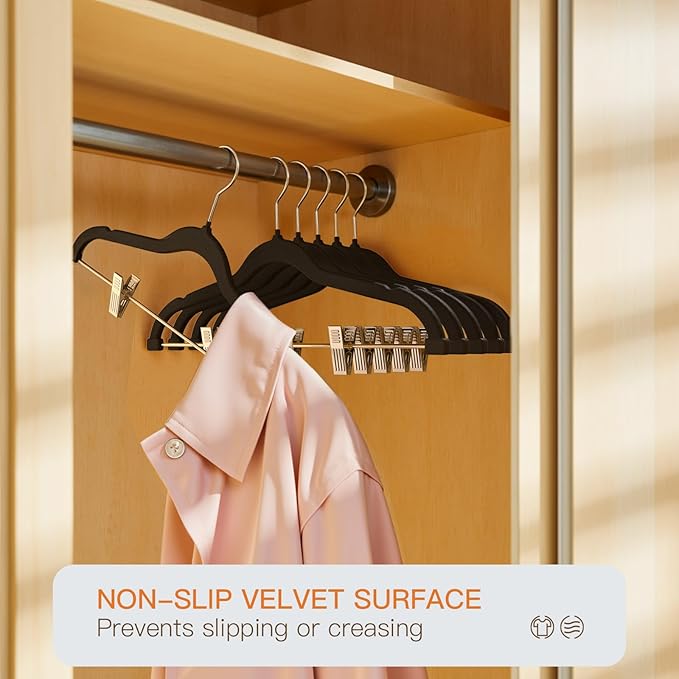 Flottian 24 Pack Black Velvet Pants Hanger,Velvet Hangers with Clips Adjustable,Space-Saving Slim Flocked Hanger,Heavy Duty Non Slip Hangers for Skirts,Coats,Pants,Dress