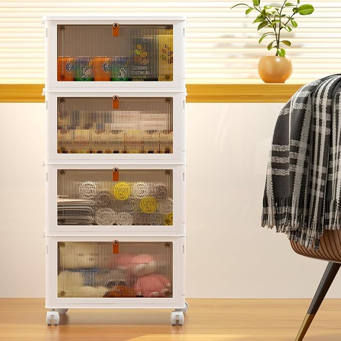 4 Tier Plastic Storage Bins with Lid 24QT, Stackable Storage Containers with Wheels, Folding Storage Boxes, Collapsible Storage Bins, Closet Organizers and Storage for Living Room,Office,Dorm