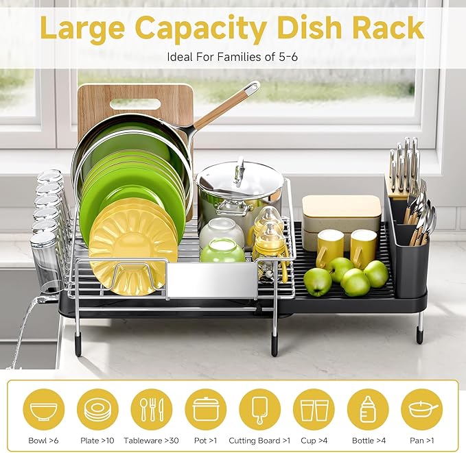 Large Dish Drying Rack - 304 Stainless Steel Dish Rack for Kitchen Counter, Extendable Dish Drainers with Cutlery & Cup Holders, Black