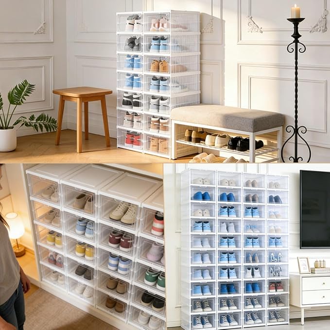 Upgrade Clear Foldable Shoe Storage Organizer, No Assembly 6 Tiers Shoe Box with Fully Clear Door, Plastic Stackable Shoe Rack for Sneakers, Sturdy Shoe Storage Containers Bins