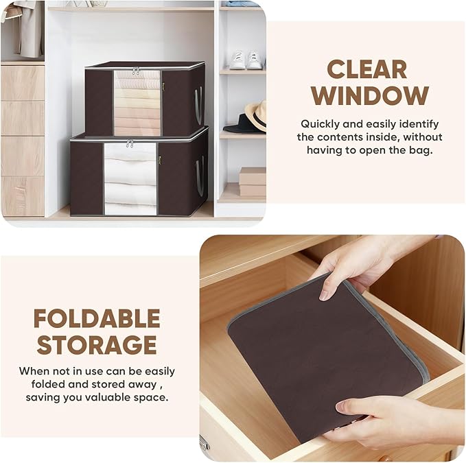 BALEINE 3 Pack Clothes Storage Bags, 24 Gallon Storage Containers with Reinforced Handle, Sturdy Zipper, Closet Organizer for Blanket, Comforter, Pillow, Bedding (Brown, 3 Pack)