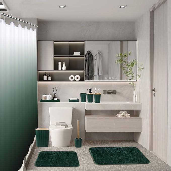 Dark Green Bathroom Accessories Set with Ombre Shower Curtain and Bathroom Rugs,Bathroom Sets with Trash Can,Toothbrush Holder and Cup,Soap Dispenser,Tray,Soap Dish,Toilet Brush,Qtip Holders