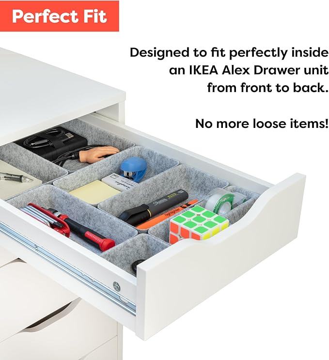 Rajas Goods Drawer Organizer Compatible with Ikea Alex Drawer Unit, 10-Piece Modular Felt Tray Organizer Set, Perfect Fit (Light)