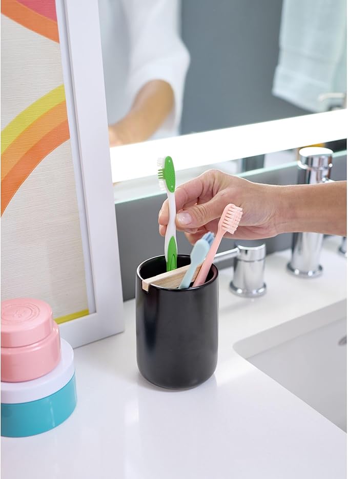 iDesign Toothbrush Holder with Removable Wood Divider for Bathroom Countertops - Matte Black