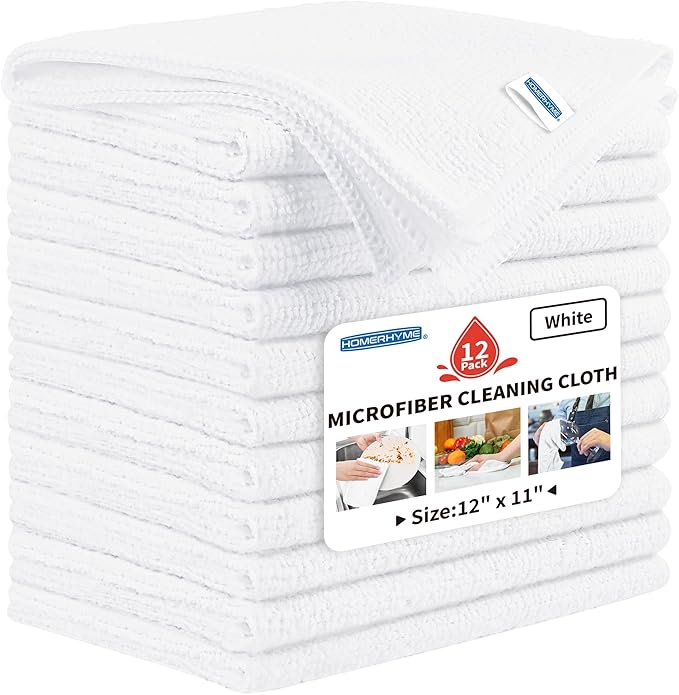 HOMERHYME Microfiber Cleaning Cloth, 12 Pack White Cleaning Rags,12" X 11" Lint Free Dish Towels Wash Cloths, Reusable Microfiber Towels for Home and Kitchen Bathroom Apartment Cleaning Supplies